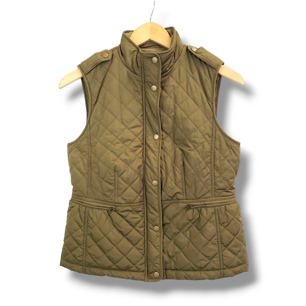 Talbots Army Green Quilted Snap & Zip-up Vest Size Small Petite